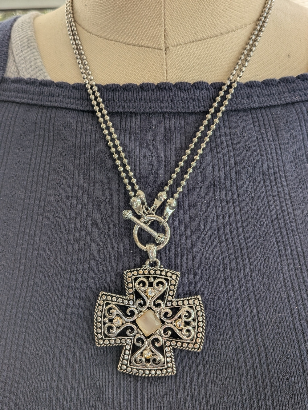 Silver-Tone Filigree Cross Pendant Double Ball Chain Toggle Necklace